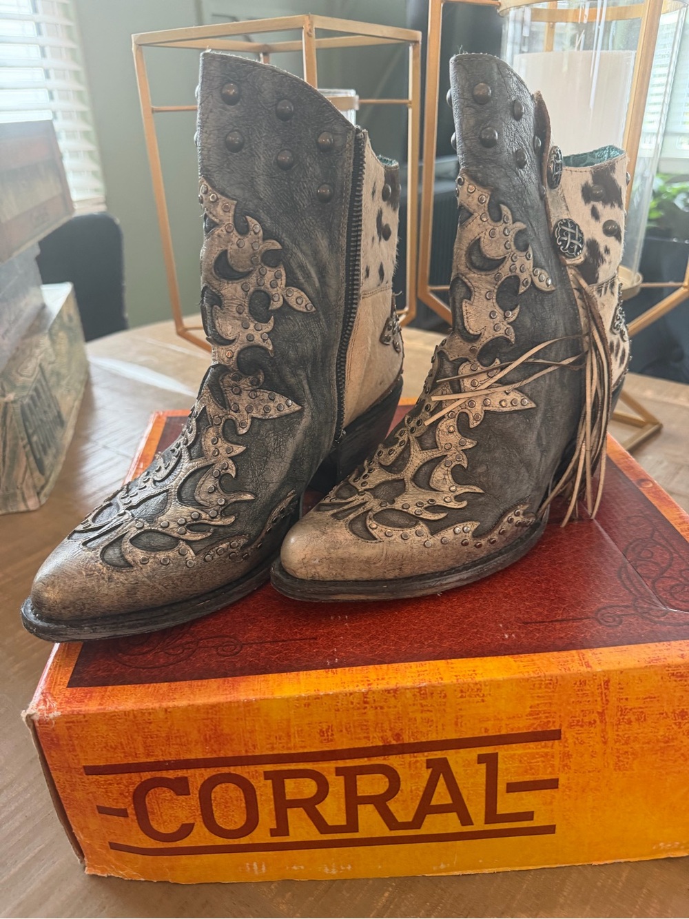 Corral Black and Cream Distressed Western Ankle Boots with Studded Appliqué